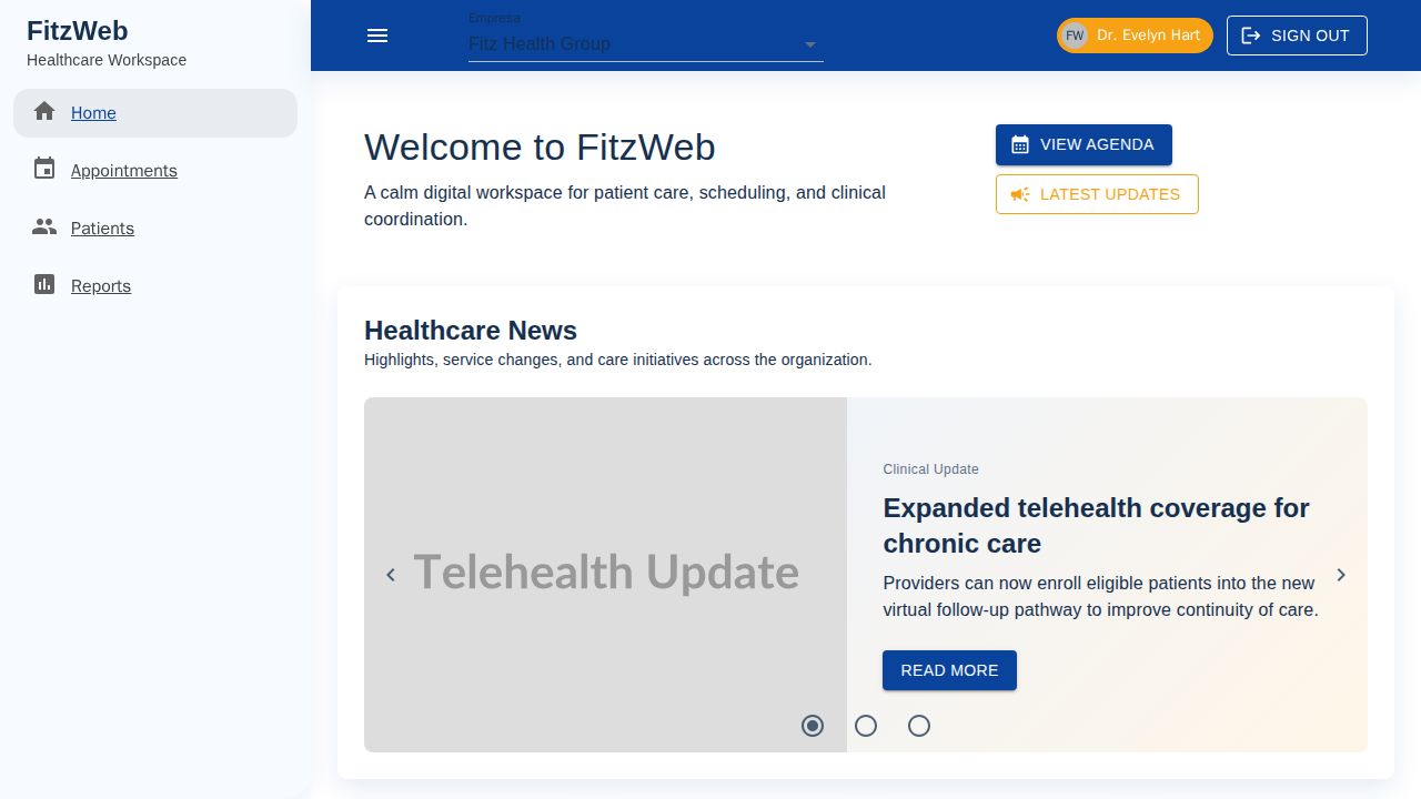 MudBlazor healthcare dashboard with responsive drawer, company selector, news carousel, and KPI cards in a Blazor layout.